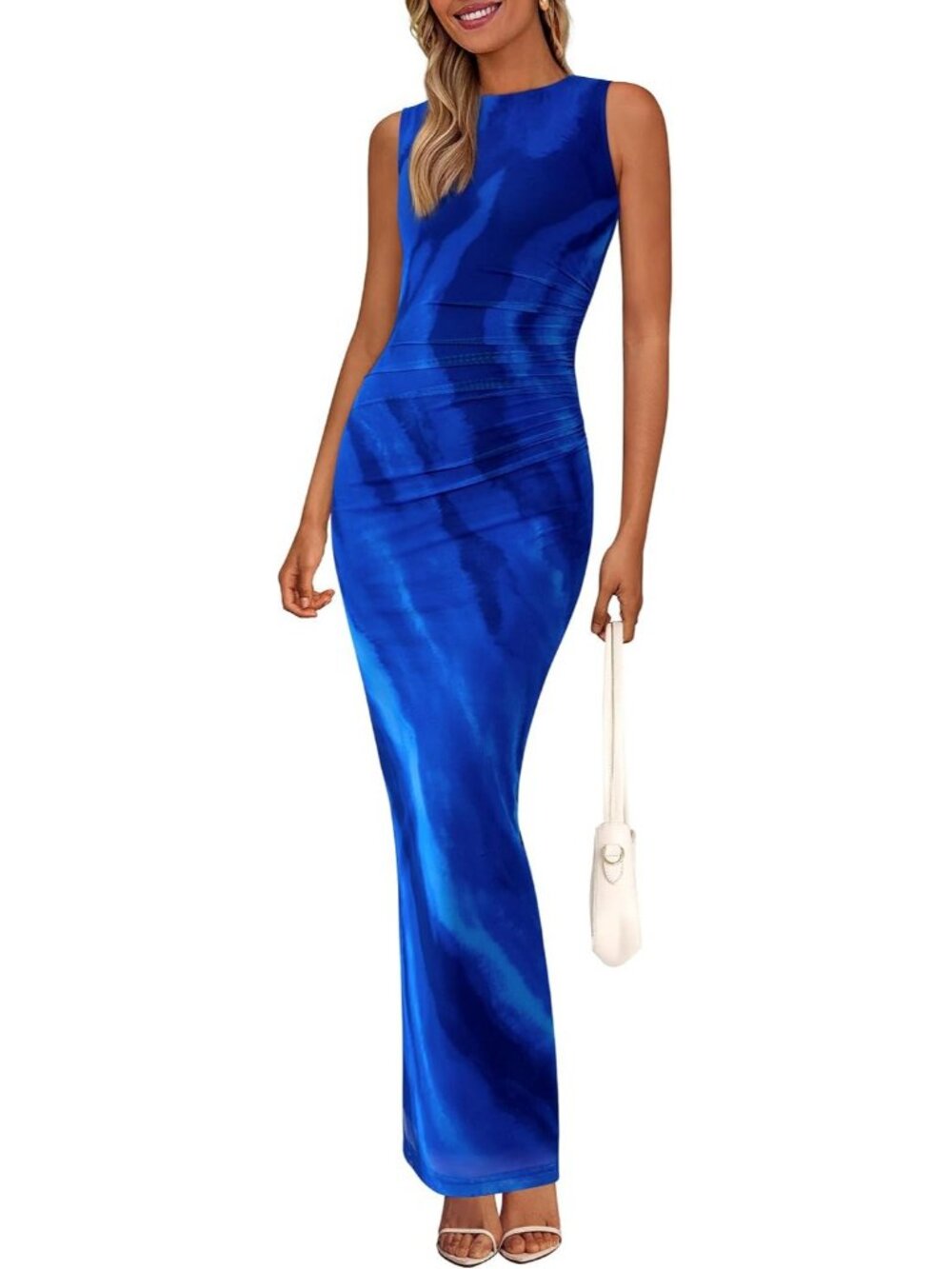 Women's Blue Floral Polyester Elastane Mesh Sleeveless Bodycon Long Maxi Dress
